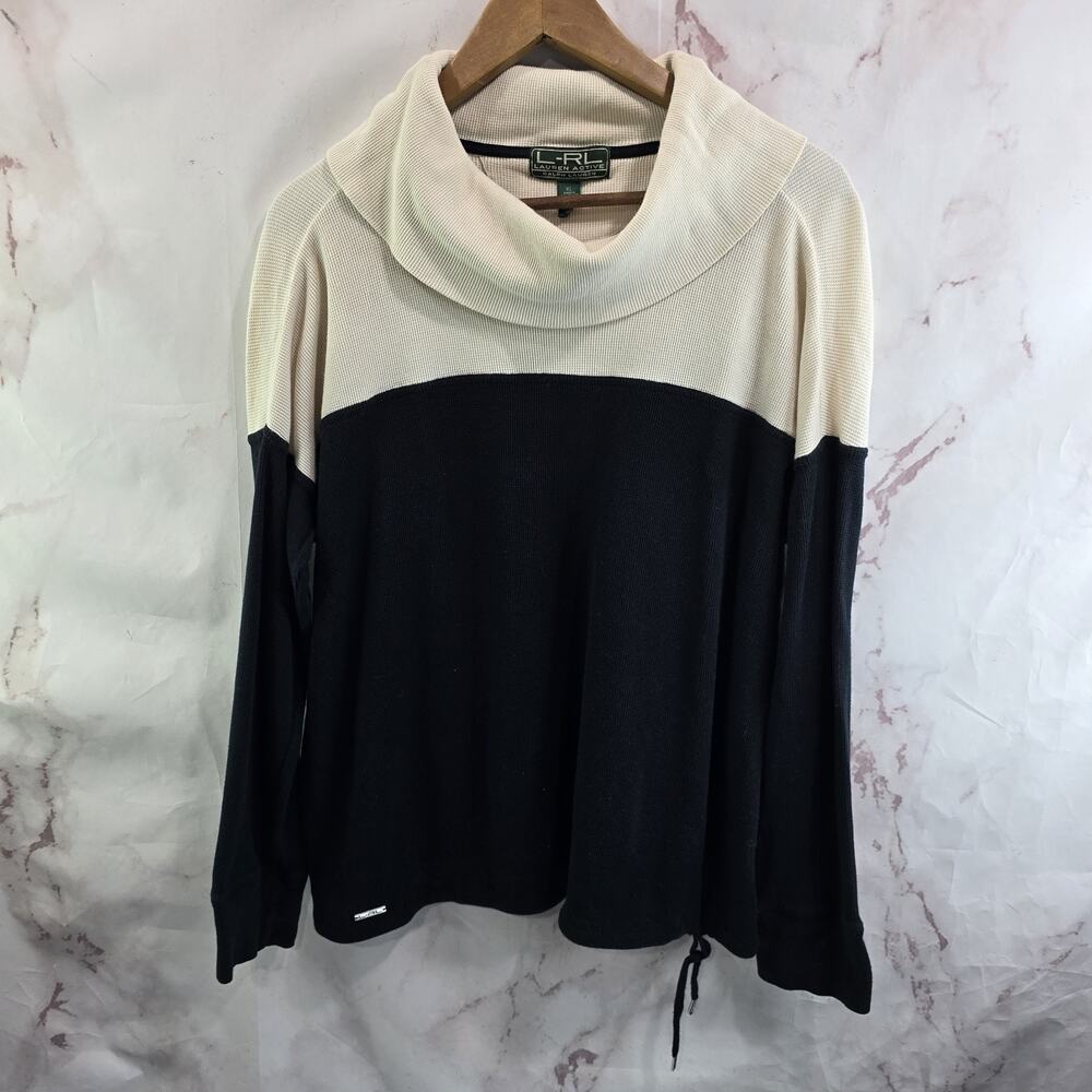 Lauren Ralph Lauren Shirt Womens XL Black Cream Cowl Waffle Thermal Colorblock